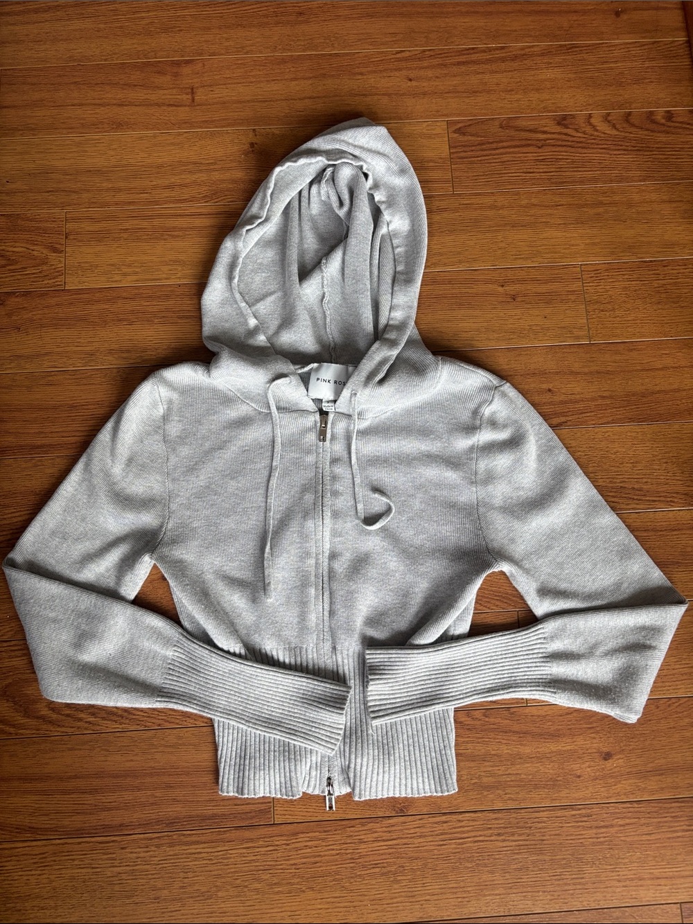Pink Rose Light Gray Zip-Up Hooded Sweatshirt